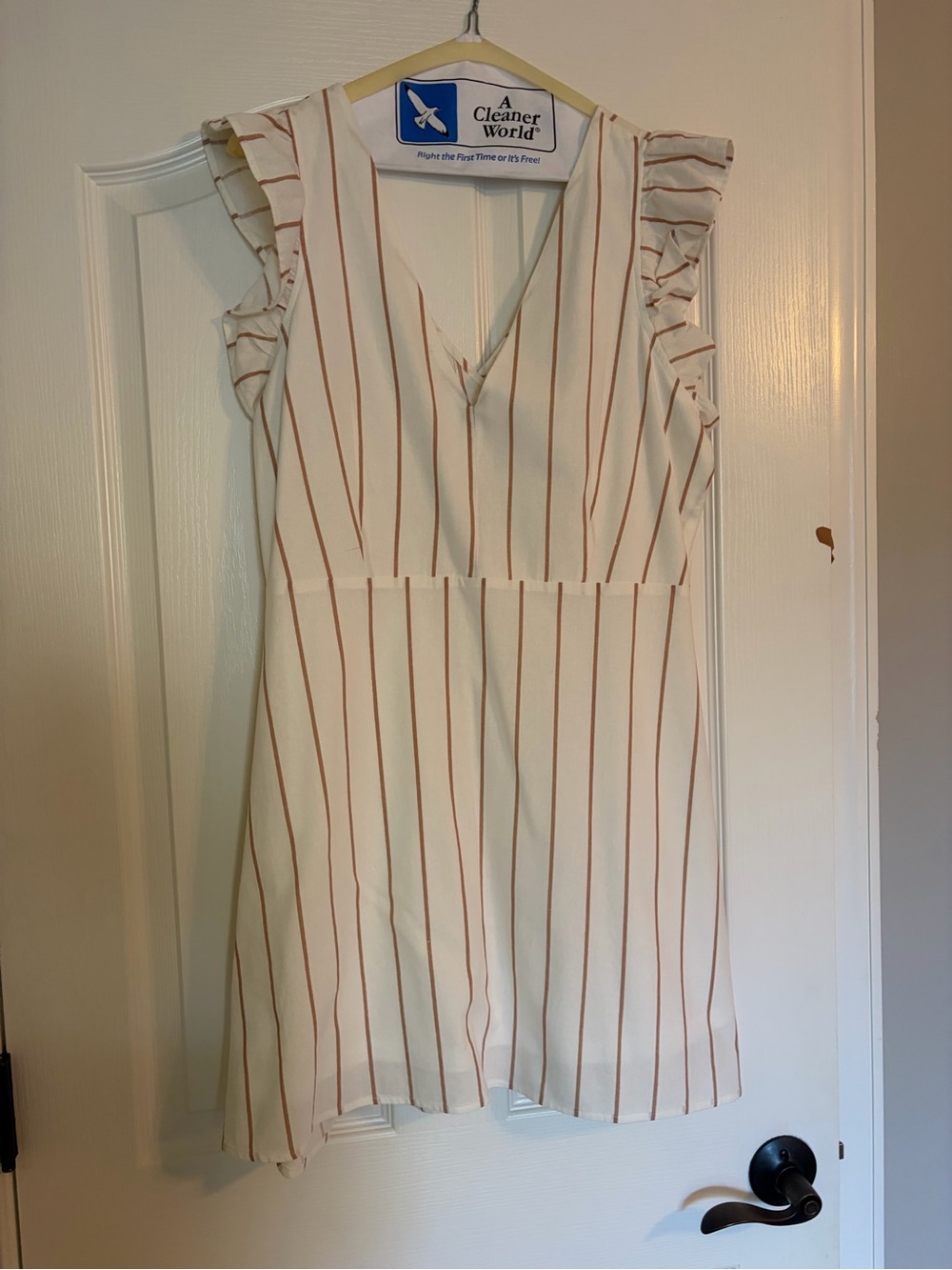 White Striped V-Neck Ruffle Sleeve Dress